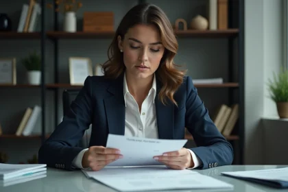 Femme en bureau regardant des documents myst&eacute;rieux