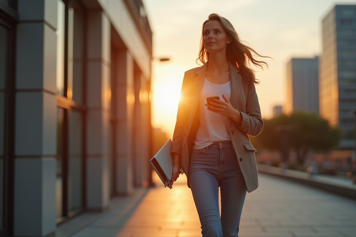 Femme décontractée marchant devant un bureau au coucher du soleil