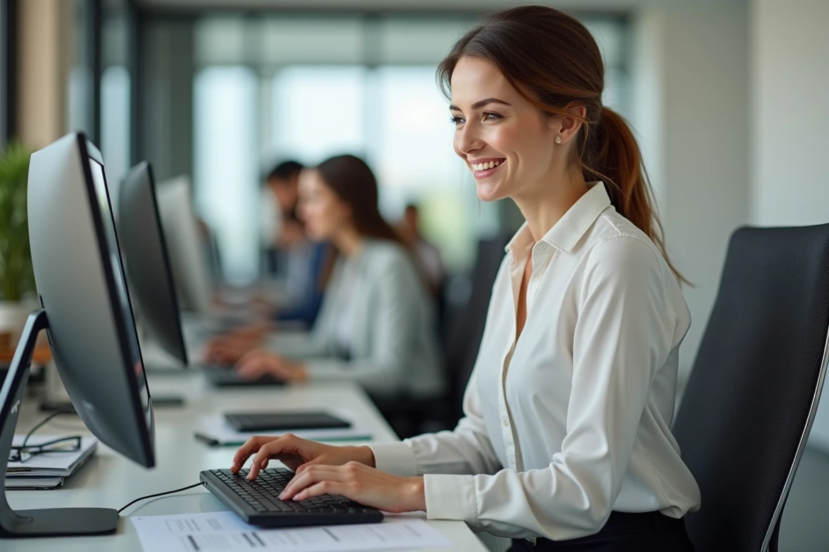Femme souriante utilisant un logiciel RH sur son bureau