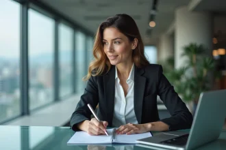 Femme en blazer analysant des données dans un bureau moderne