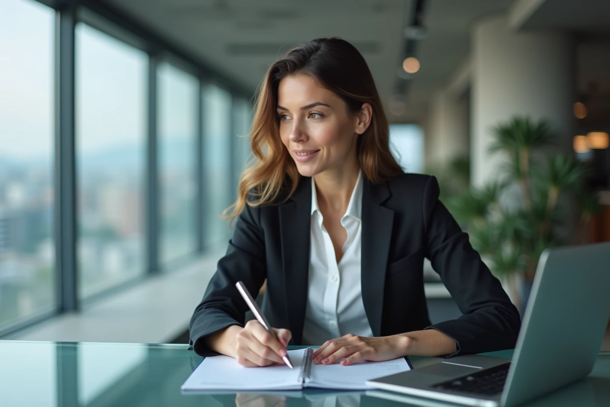 Femme en blazer analysant des données dans un bureau moderne