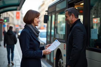 Femme donnant un bon de transport à un chauffeur de bus