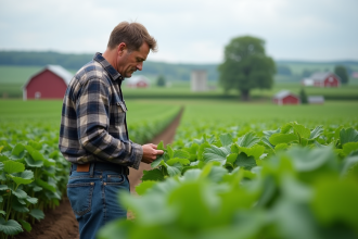 Homme moyenâgeux inspectant des cultures vertes dans un champ rural