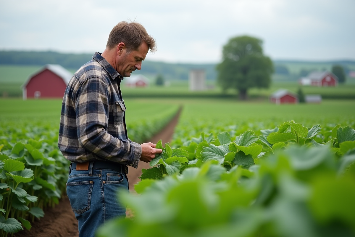 Homme moyenâgeux inspectant des cultures vertes dans un champ rural