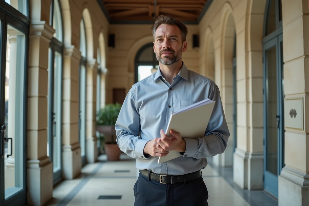 Fonctionnaire territorial cadre de catégorie A en conversation professionnelle dans le couloir d'une mairie française