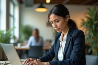 Femme professionnelle découvrant les fonctionnalités d'une plateforme adhérent sur son ordinateur portable dans un bureau moderne