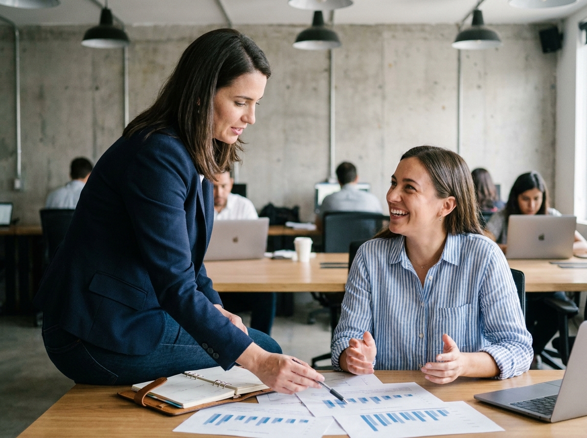 Deux femmes entrepreneures collaborant sur un projet de formation dans un espace de coworking moderne