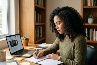 Femme entrepreneuse prenant des notes lors d'une formation en ligne à son bureau à domicile