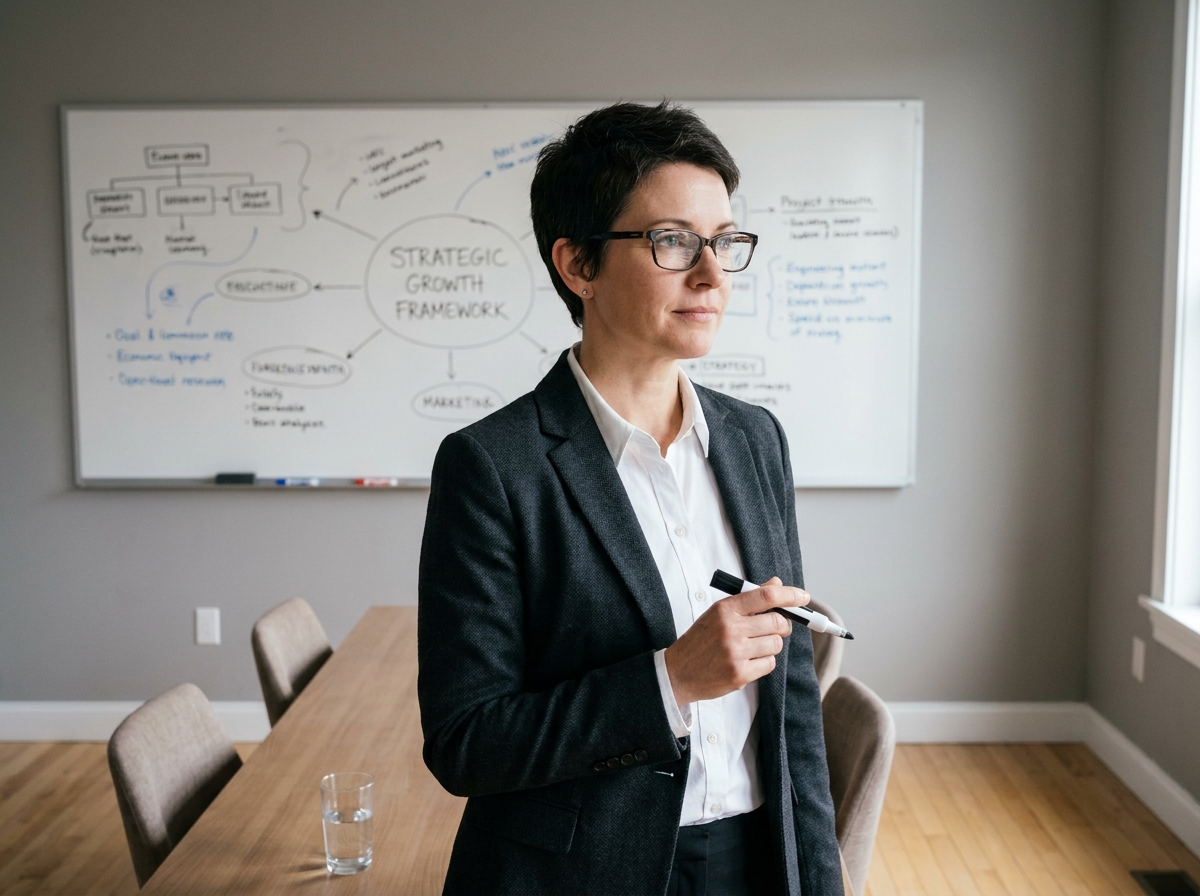Femme entrepreneuse devant un tableau blanc lors d'une session de formation professionnelle en salle de séminaire
