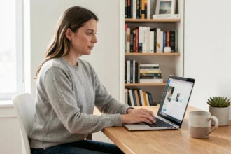 Freelance femme travaillant sur son activité en ligne depuis un bureau minimaliste avec un laptop ouvert sur un tableau de bord numérique