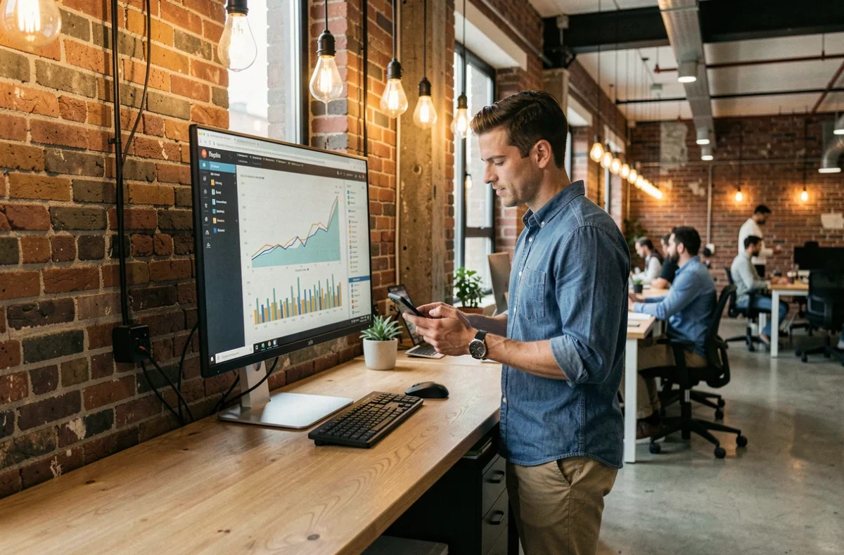 Freelance homme debout à un bureau en espace de coworking analysant ses performances en ligne sur un grand écran
