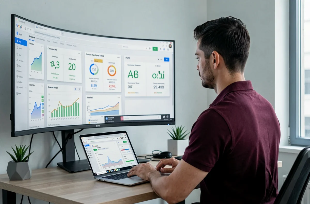 Spécialiste en marketing digital de l'agence Frennly analysant les performances d'une campagne digitale sur un écran ultrawide avec tableaux de bord en temps réel
