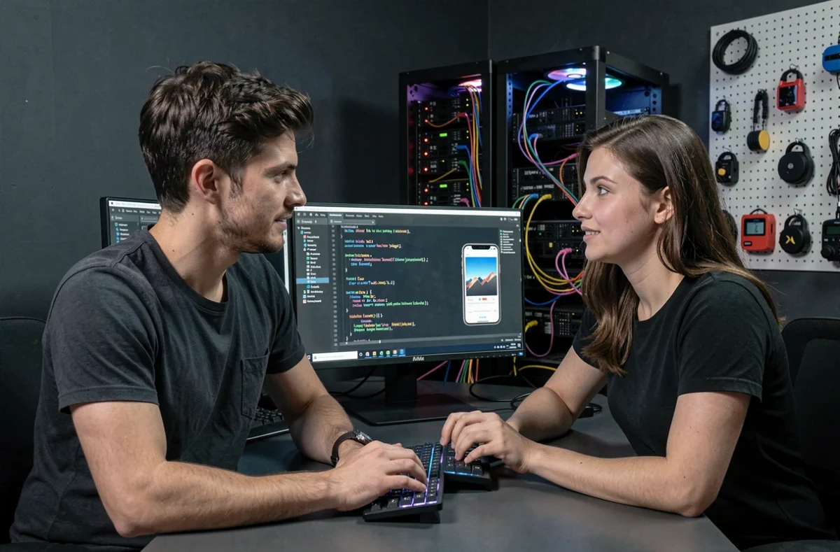 Deux développeurs de l'agence Galadrim collaborant sur le code d'une application web et mobile dans un studio technologique moderne