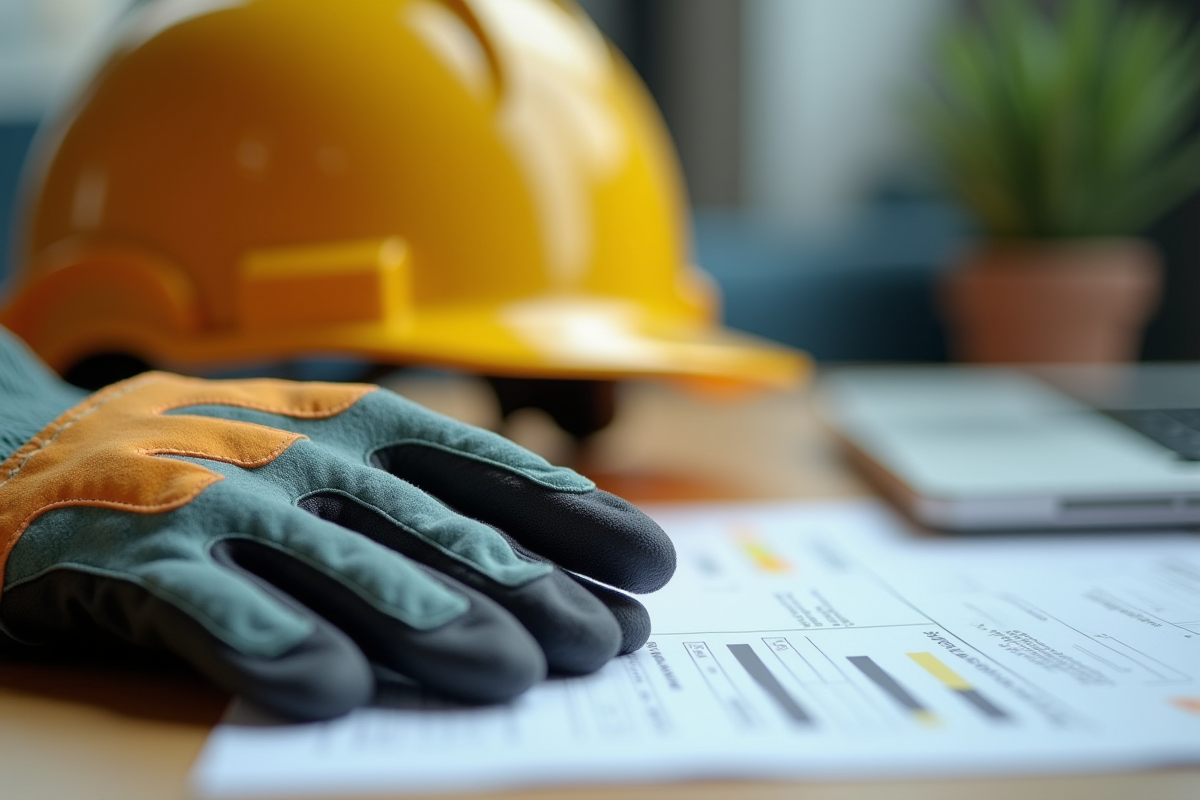 Gants de protection casque et papiers sur un bureau en bois