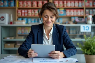 Responsable de point de vente FDJ consultant l'application Profession Jeux sur une tablette dans un bureau organisé d'un tabac-presse