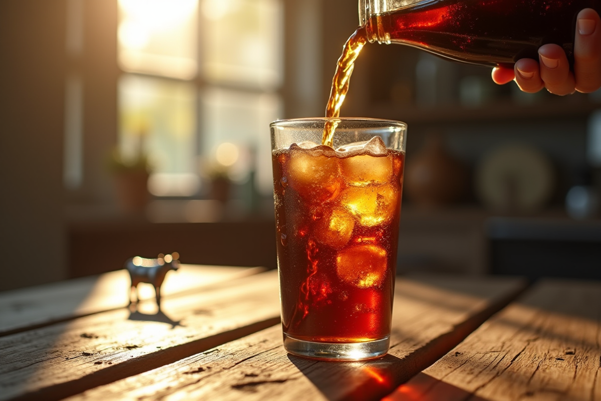 Glaçon de cola verse dans un verre avec une figurine de vache en bois