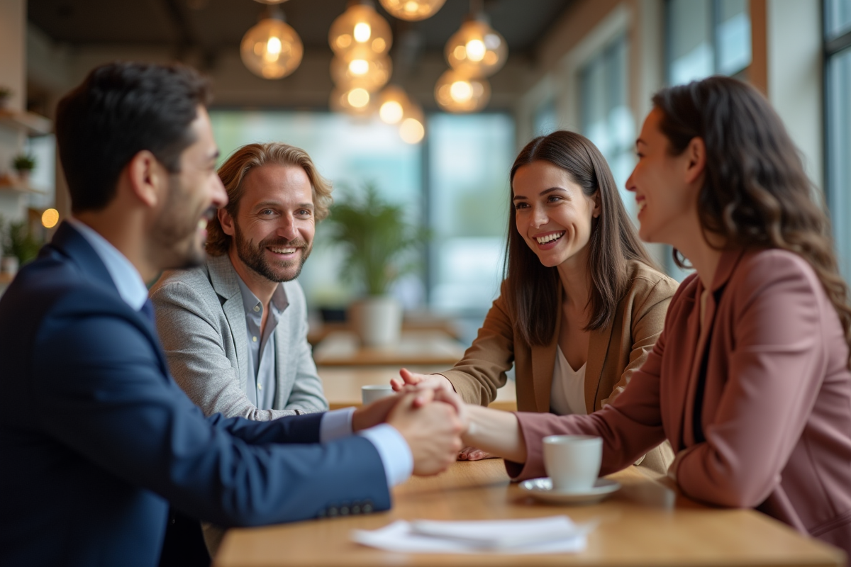 Groupe de clients souriants dans un café moderne avec un gestionnaire