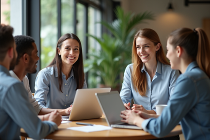 Groupe d'employes de bureau en discussion collaborative