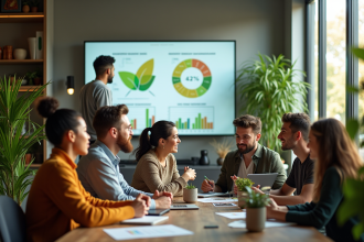 Groupe de personnes collaborant dans un bureau écologique lumineux
