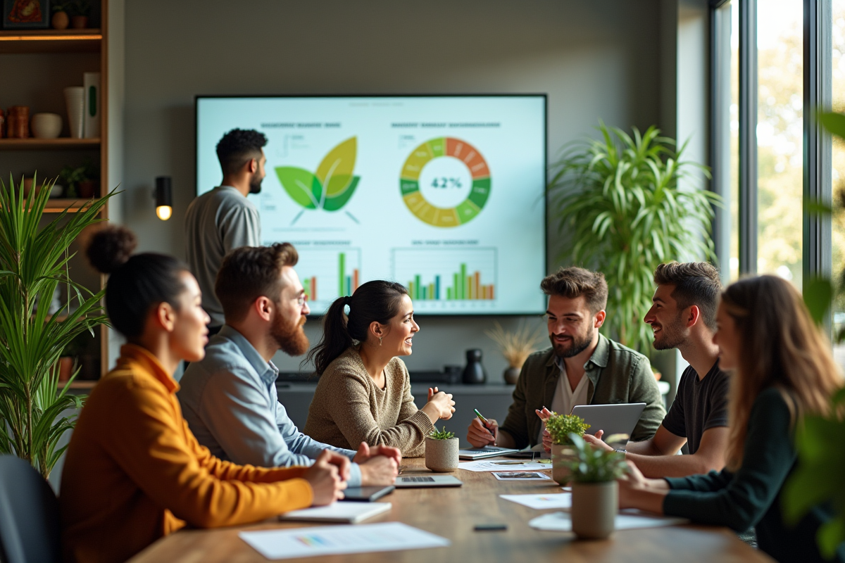 Groupe de personnes collaborant dans un bureau écologique lumineux