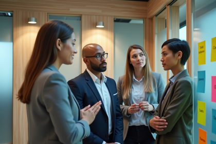 Groupe de professionnels en réunion autour de notes colorées