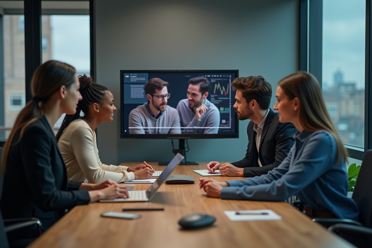 Groupe de personnes discutant autour d un ordinateur en réunion