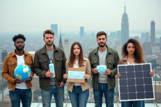 Groupe divers d'adultes avec symboles écologiques sur un toit