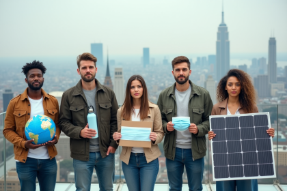 Groupe divers d'adultes avec symboles &eacute;cologiques sur un toit