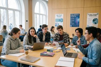 Groupe d'étudiants divers en salle d'étude moderne