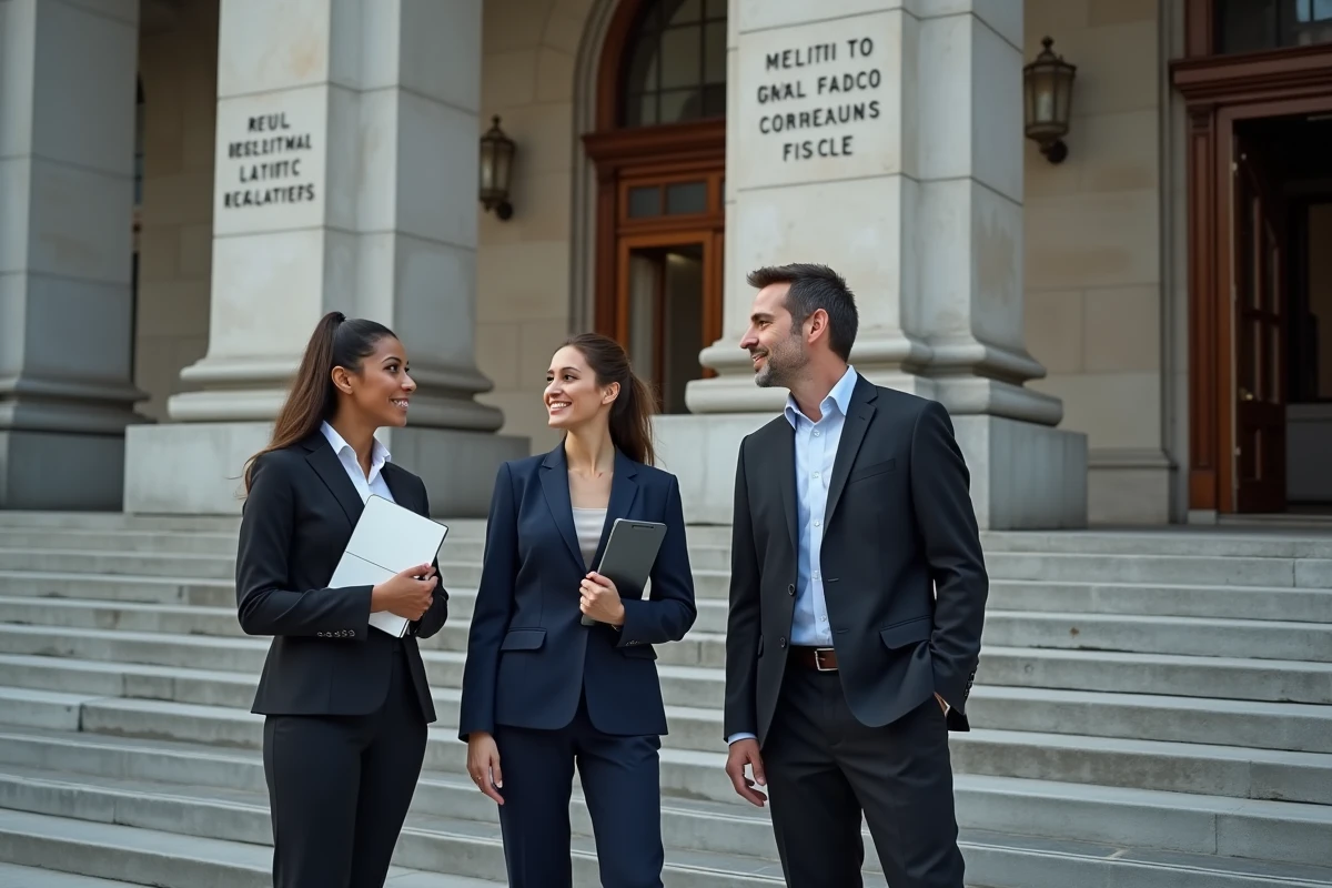 Groupe de professionnels devant un tribunal urbain