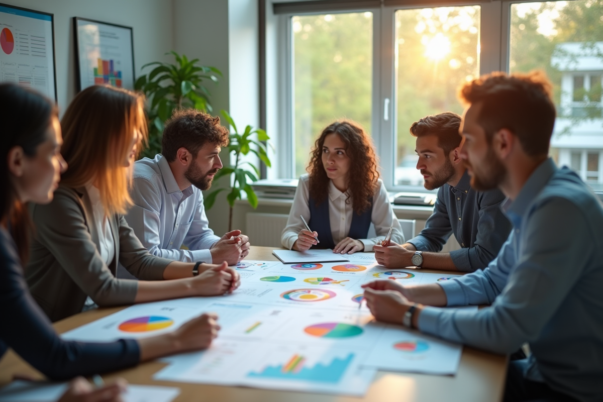 Groupe de professionnels autour d'une table en bureau lumineux