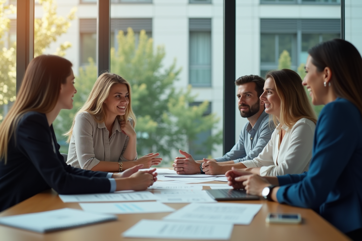 Groupe de professionnels collaborant dans un bureau lumineux