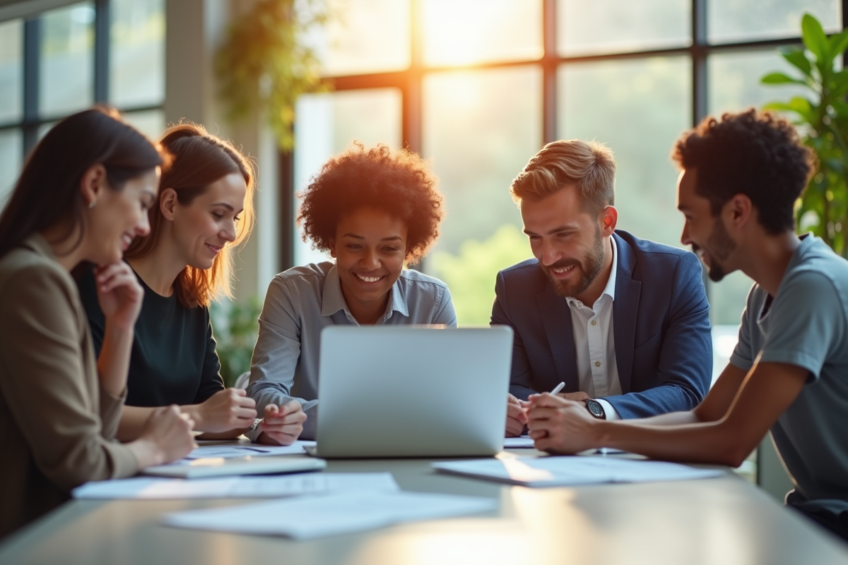 Groupe de professionnels collaborant dans un bureau lumineux
