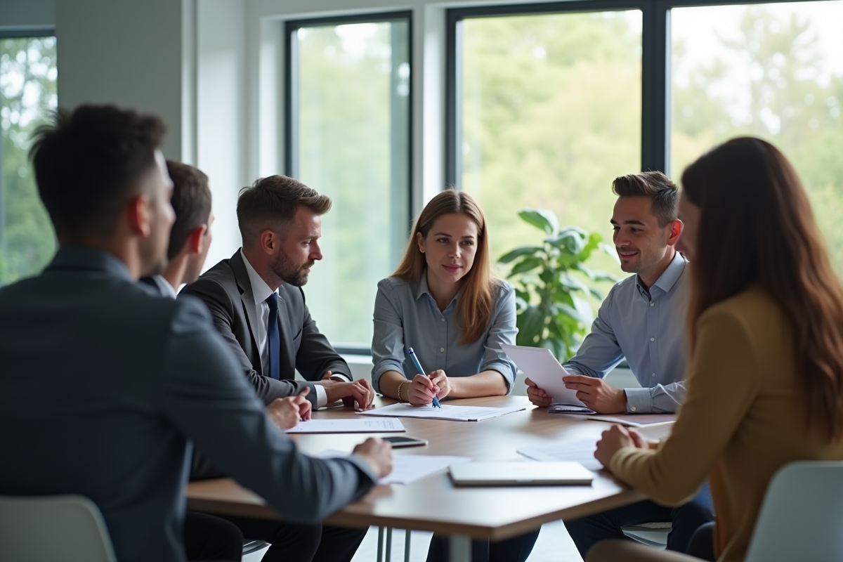 Groupe de professionnels collaborant dans un bureau lumineux