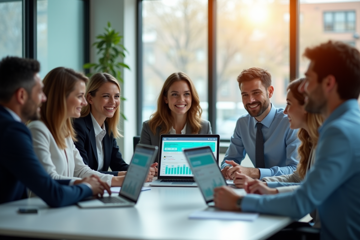 Groupe de professionnels analysant des tableaux de bord CRM en réunion