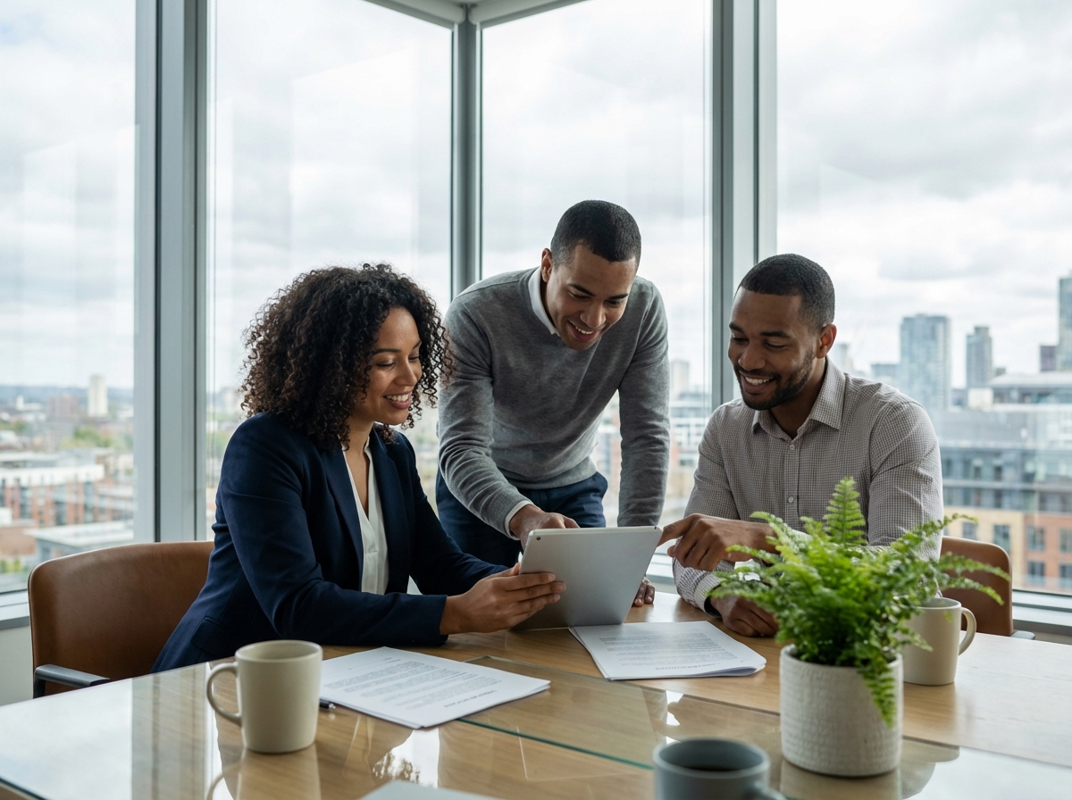 Groupe professionnel collaborant autour d une tablette