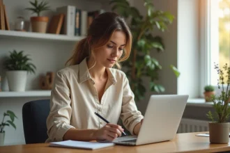 Femme entrepreneur consultant un guide business gratuit en ligne sur son ordinateur portable dans un bureau à domicile