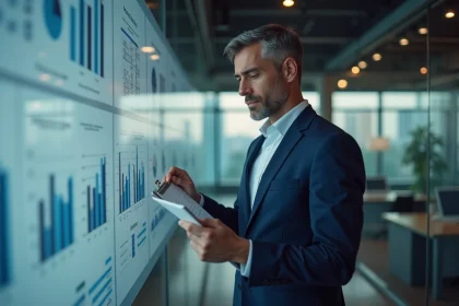 Homme d affaires en costume bleu analysant des graphiques financiers