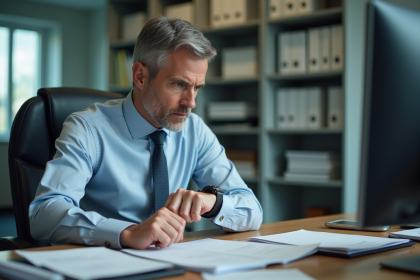 Homme d'affaires fatigué regardant sa montre au bureau