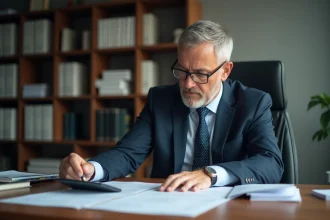 Homme d'affaires en costume examine documents financiers