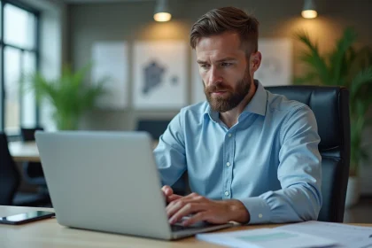 Homme d'affaires au bureau avec ordinateur portable
