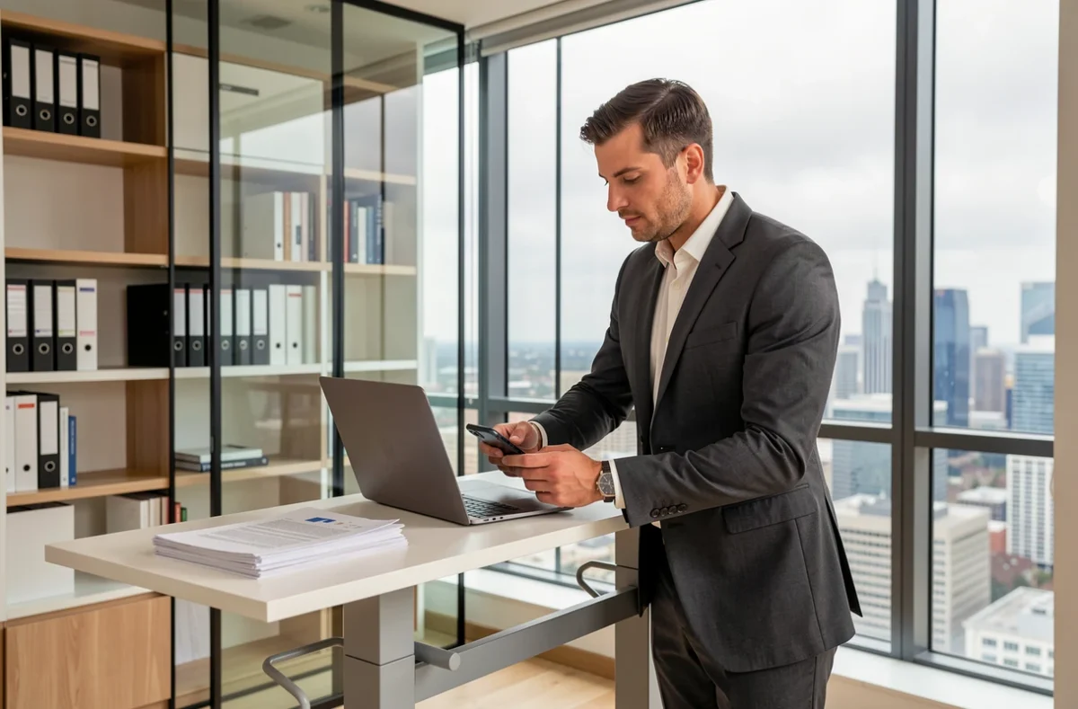 Homme d'affaires gérant un portail entreprise sur ordinateur portable et smartphone dans un bureau privé vitré