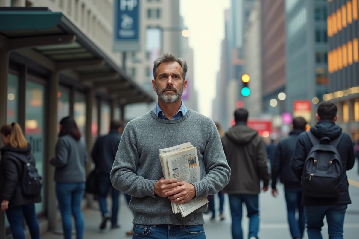 Homme regardant son journal dans la rue urbaine