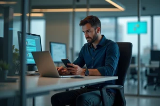 Homme en bureau moderne utilisant son ordinateur et smartphone