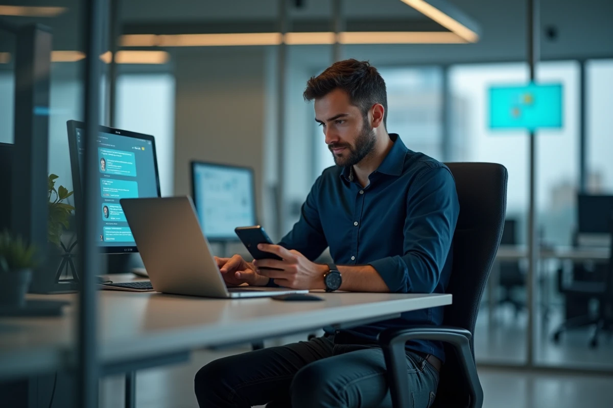 Homme en bureau moderne utilisant son ordinateur et smartphone