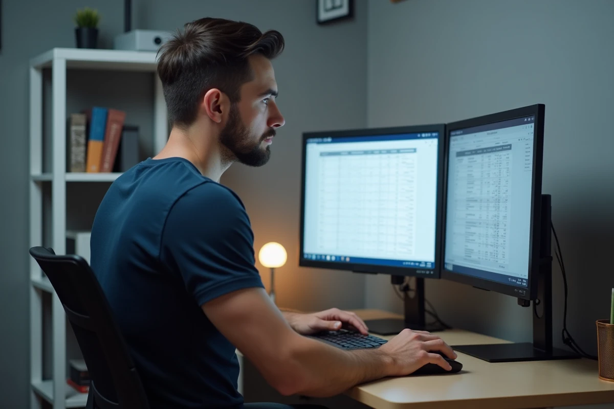 Homme en télétravail devant un double écran dans un bureau à domicile, représentant les métiers accessibles sans diplôme à distance