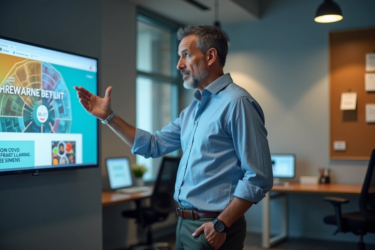 Homme en manches retroussées expliquant un site web sur un écran mural
