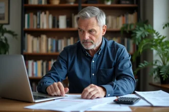 Homme de 58 ans consultant des documents de retraite et un relevé de trimestres Agirc-Arrco sur son bureau à domicile