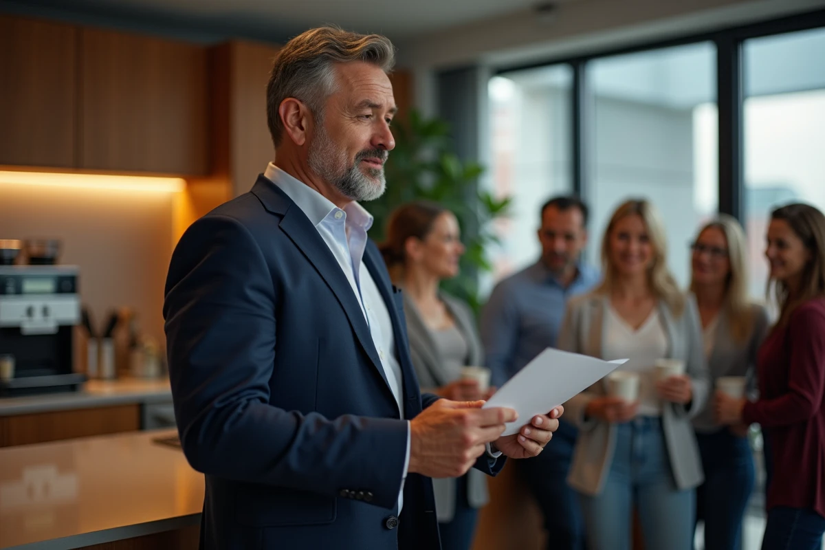 Homme en costume lisant un discours dans une cuisine conviviale