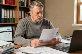 Homme scrutant des documents suspects liés à une société d'investissement douteuse comme ZOZIMALLETOM LTD